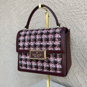 KATE SPADE Burgundy Tweed Leather Flap Satchel Bag Small Reegan Top Handle Bag